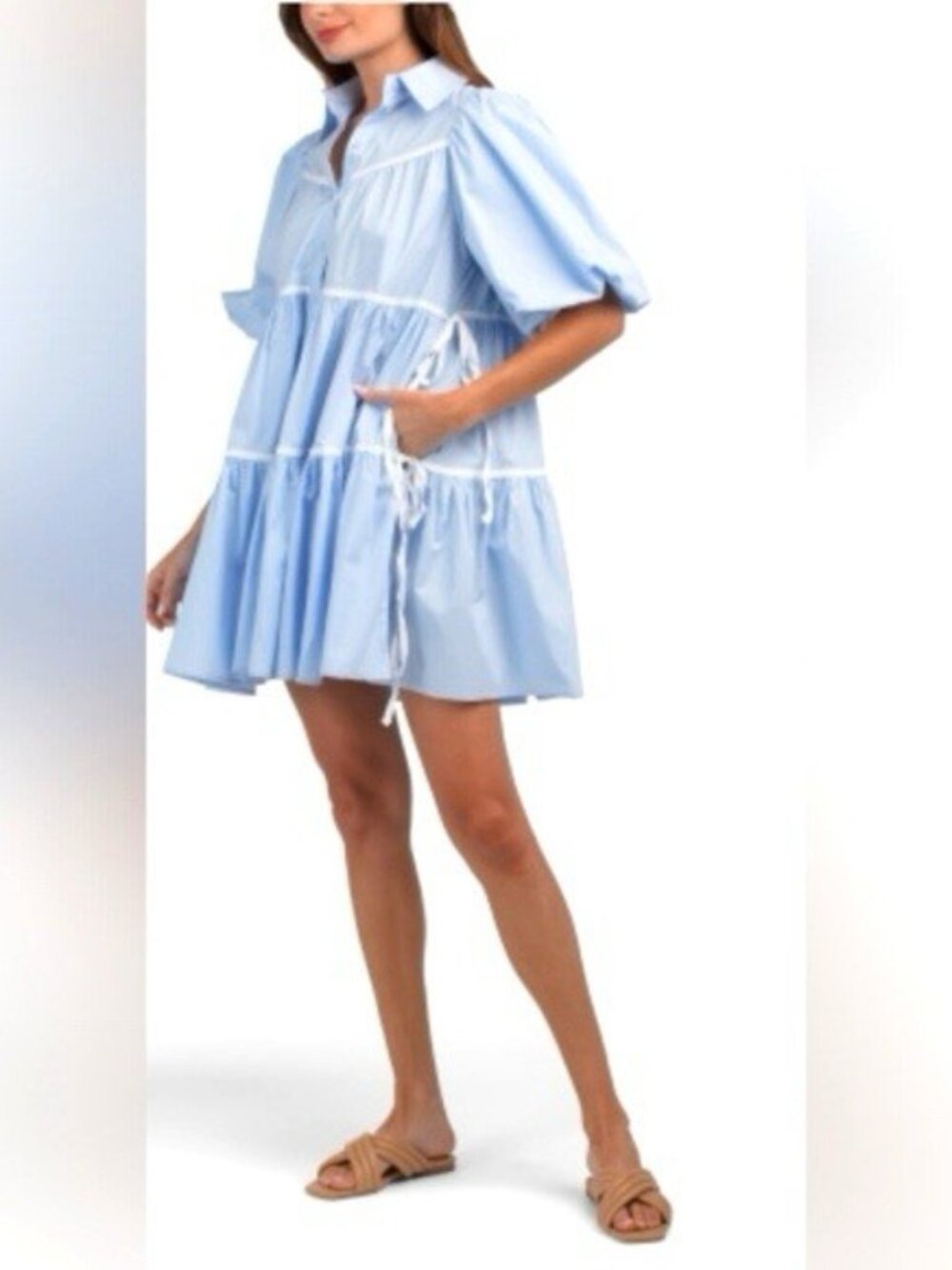 NWT Sofie the Label  Blue & White Bric Brac Tiered Mini Dress Large